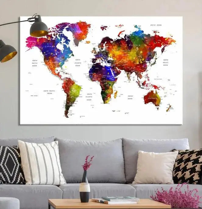 Colorful World Map Wall Art Push Pin World Map Canvas Print
