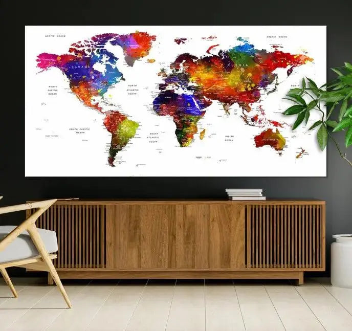 Colorful World Map Wall Art Push Pin World Map Canvas Print