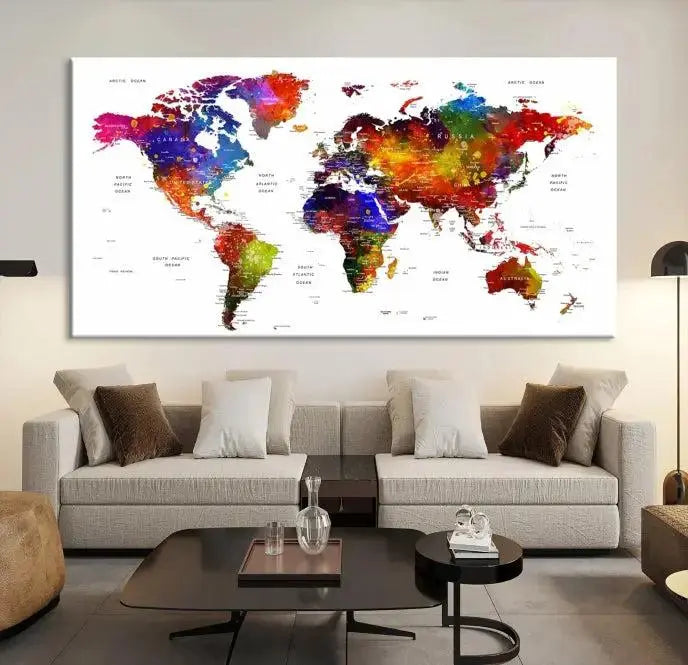 Colorful World Map Wall Art Push Pin World Map Canvas Print