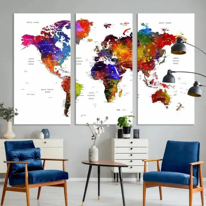 Colorful World Map Wall Art Push Pin World Map Canvas Print