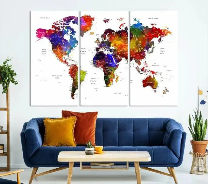 Colorful World Map Wall Art Push Pin World Map Canvas Print