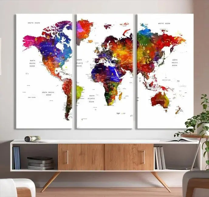 Colorful World Map Wall Art Push Pin World Map Canvas Print