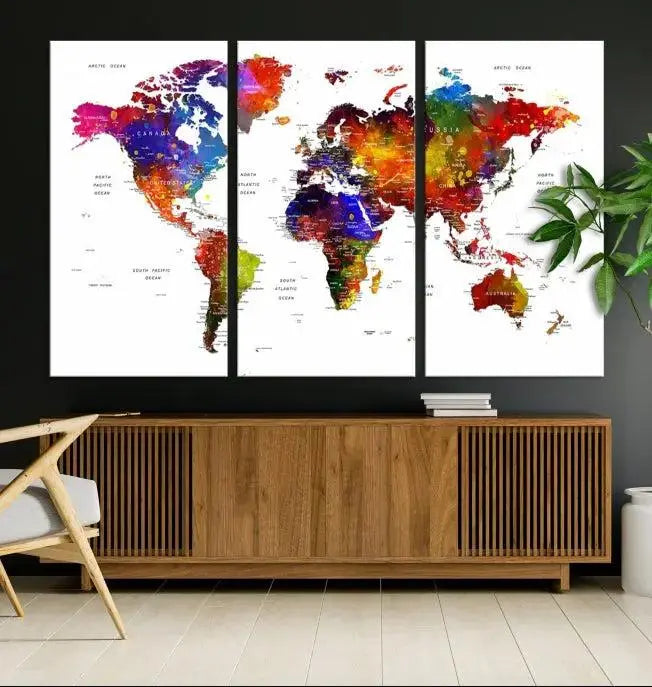 Colorful World Map Wall Art Push Pin World Map Canvas Print