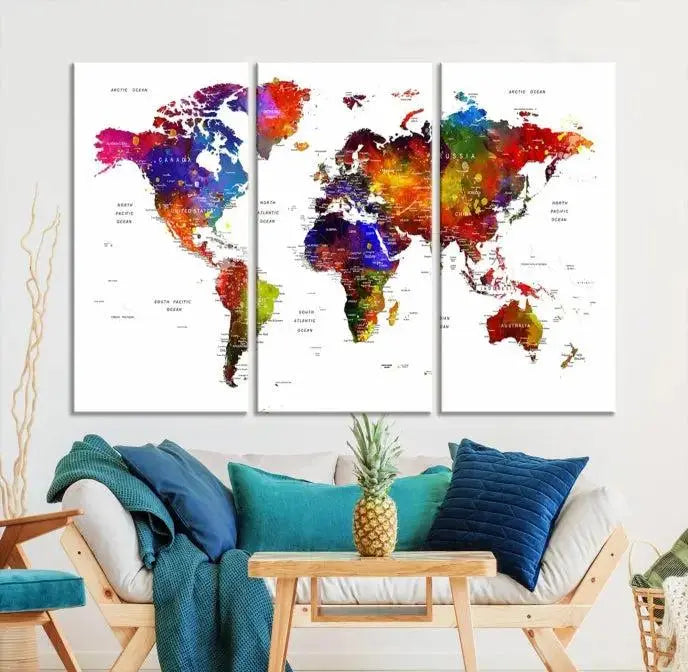 Colorful World Map Wall Art Push Pin World Map Canvas Print