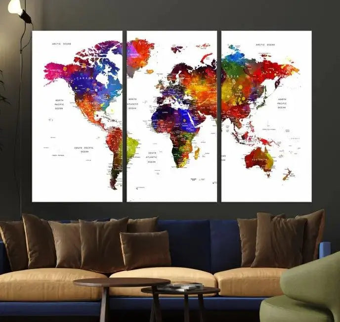 Colorful World Map Wall Art Push Pin World Map Canvas Print