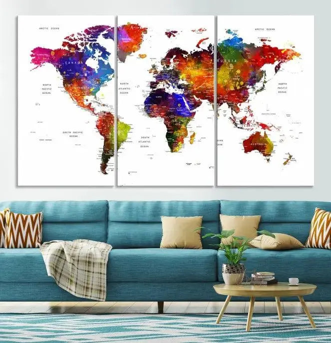 Colorful World Map Wall Art Push Pin World Map Canvas Print