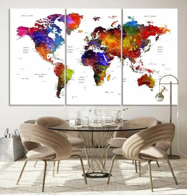 Colorful World Map Wall Art Push Pin World Map Canvas Print