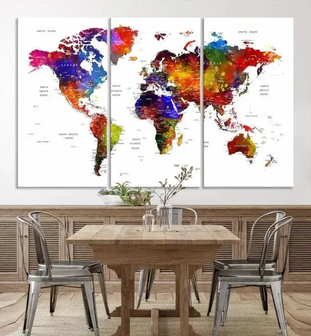 Colorful World Map Wall Art Push Pin World Map Canvas Print
