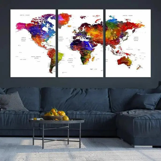 Colorful World Map Wall Art Push Pin World Map Canvas Print