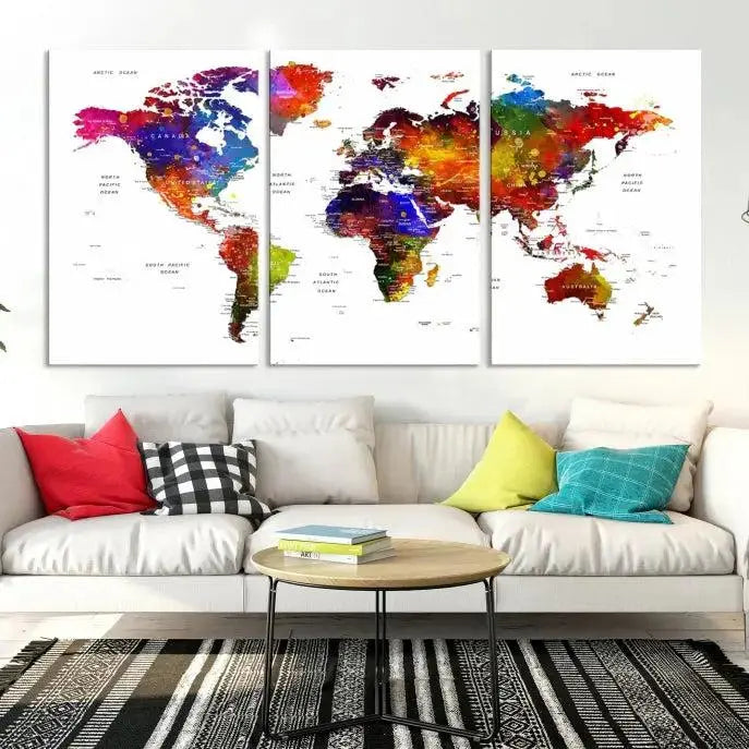 Colorful World Map Wall Art Push Pin World Map Canvas Print