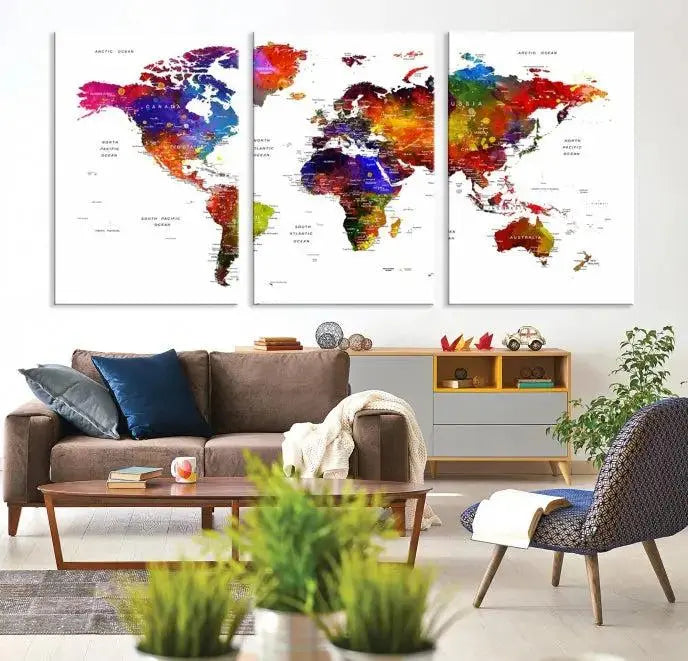 Colorful World Map Wall Art Push Pin World Map Canvas Print