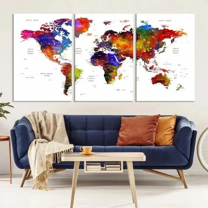 Colorful World Map Wall Art Push Pin World Map Canvas Print