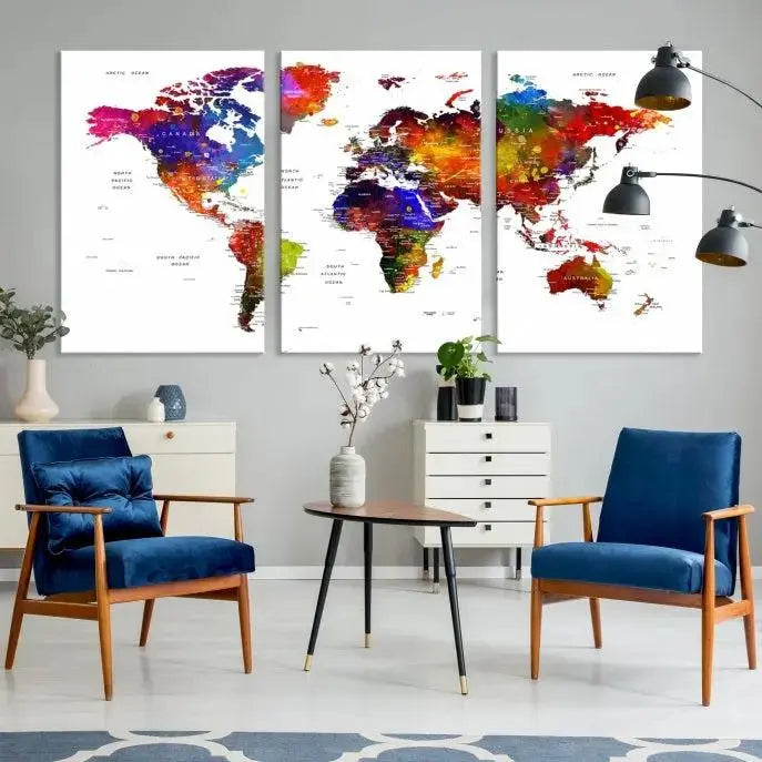 Colorful World Map Wall Art Push Pin World Map Canvas Print