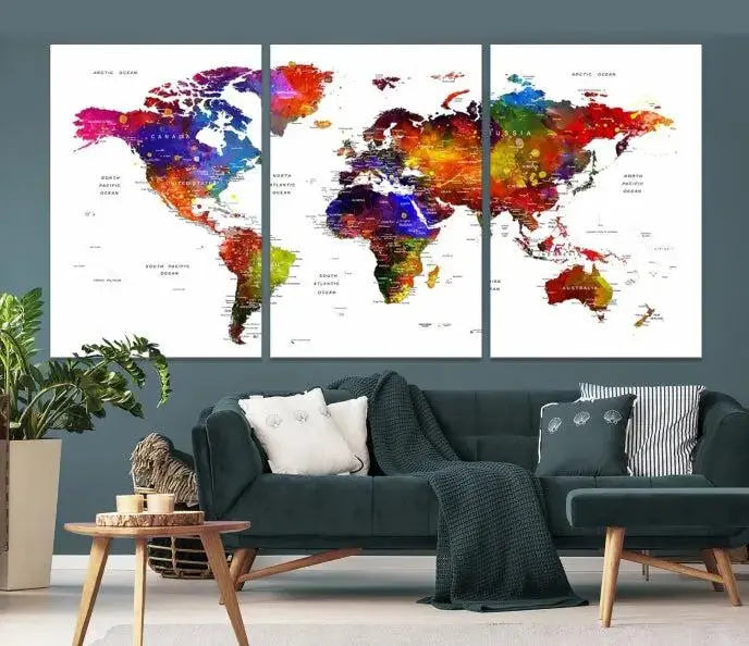 Colorful World Map Wall Art Push Pin World Map Canvas Print