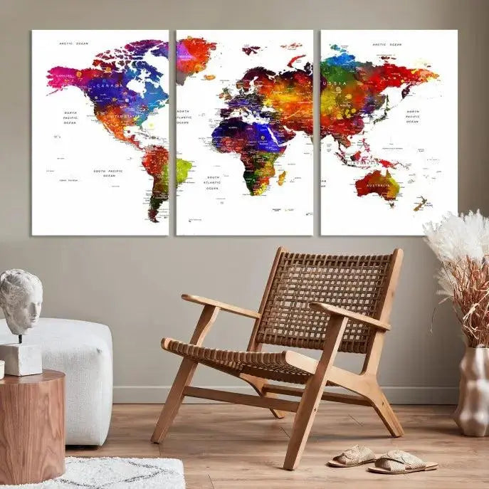 Colorful World Map Wall Art Push Pin World Map Canvas Print