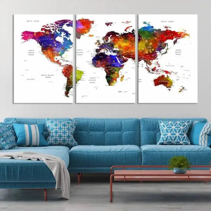 Colorful World Map Wall Art Push Pin World Map Canvas Print