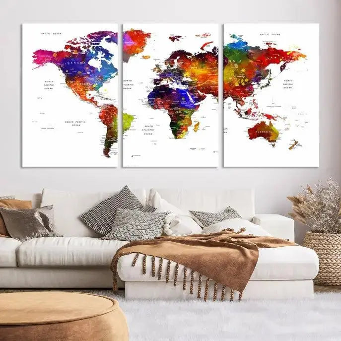 Colorful World Map Wall Art Push Pin World Map Canvas Print