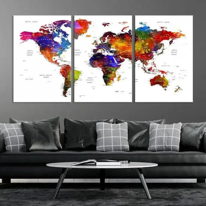 A Colorful World Map Wall Art Push Pin World Map Canvas Print, gallery wrapped on museum-quality canvas with a UV-protective coating, creates a striking visual impact.