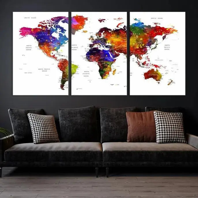 A Colorful World Map Wall Art Push Pin World Map Canvas Print, gallery wrapped on museum-quality canvas with a UV-protective coating, creates a striking visual impact.