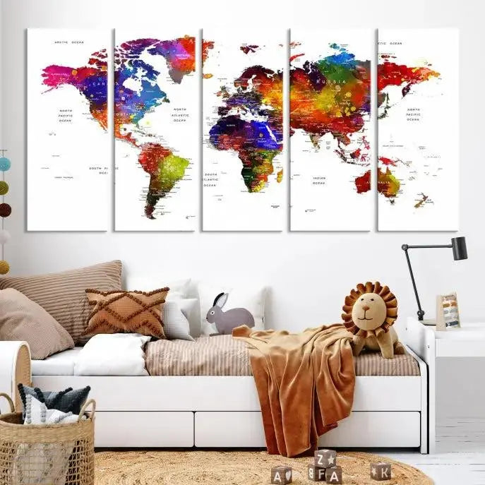 A Colorful World Map Wall Art Push Pin World Map Canvas Print, gallery wrapped on museum-quality canvas with a UV-protective coating, creates a striking visual impact.
