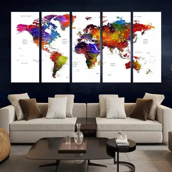 A Colorful World Map Wall Art Push Pin World Map Canvas Print, gallery wrapped on museum-quality canvas with a UV-protective coating, creates a striking visual impact.