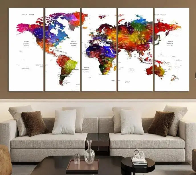 A Colorful World Map Wall Art Push Pin World Map Canvas Print, gallery wrapped on museum-quality canvas with a UV-protective coating, creates a striking visual impact.