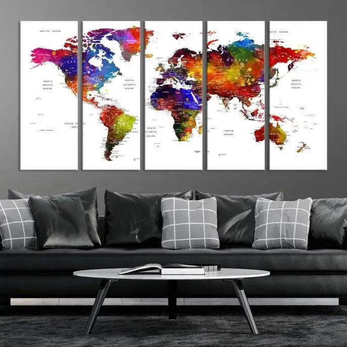 A Colorful World Map Wall Art Push Pin World Map Canvas Print, gallery wrapped on museum-quality canvas with a UV-protective coating, creates a striking visual impact.