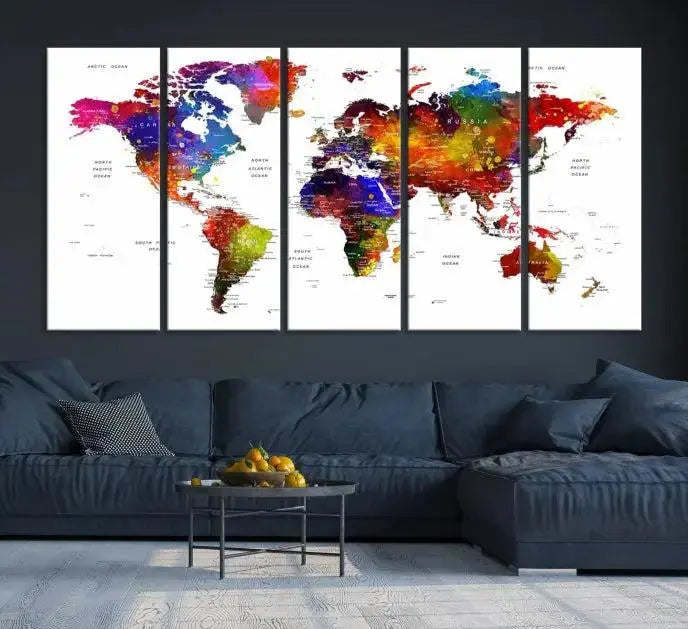 A Colorful World Map Wall Art Push Pin World Map Canvas Print, gallery wrapped on museum-quality canvas with a UV-protective coating, creates a striking visual impact.