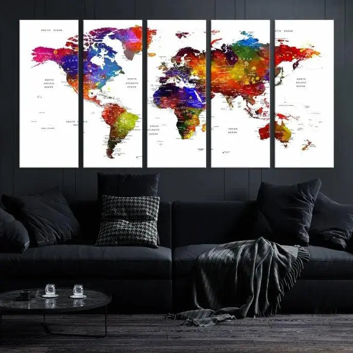 A Colorful World Map Wall Art Push Pin World Map Canvas Print, gallery wrapped on museum-quality canvas with a UV-protective coating, creates a striking visual impact.