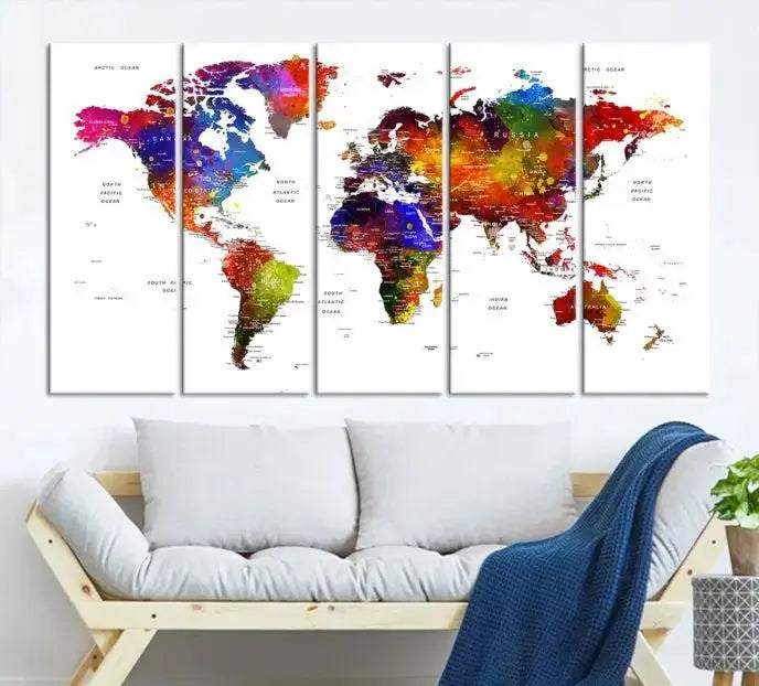 A Colorful World Map Wall Art Push Pin World Map Canvas Print, gallery wrapped on museum-quality canvas with a UV-protective coating, creates a striking visual impact.