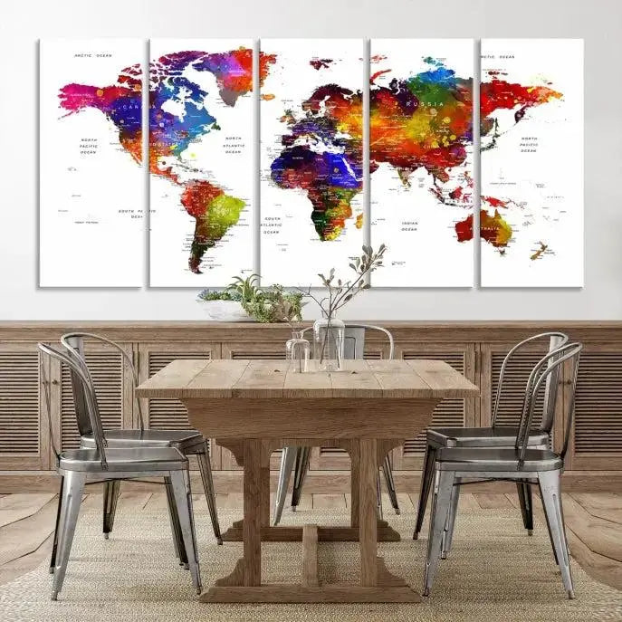 A Colorful World Map Wall Art Push Pin World Map Canvas Print, gallery wrapped on museum-quality canvas with a UV-protective coating, creates a striking visual impact.