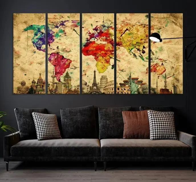 The Colorful World Map Wall Art Canvas Print, crafted on museum-quality canvas with a UV-protective coating, adorns the wall.
