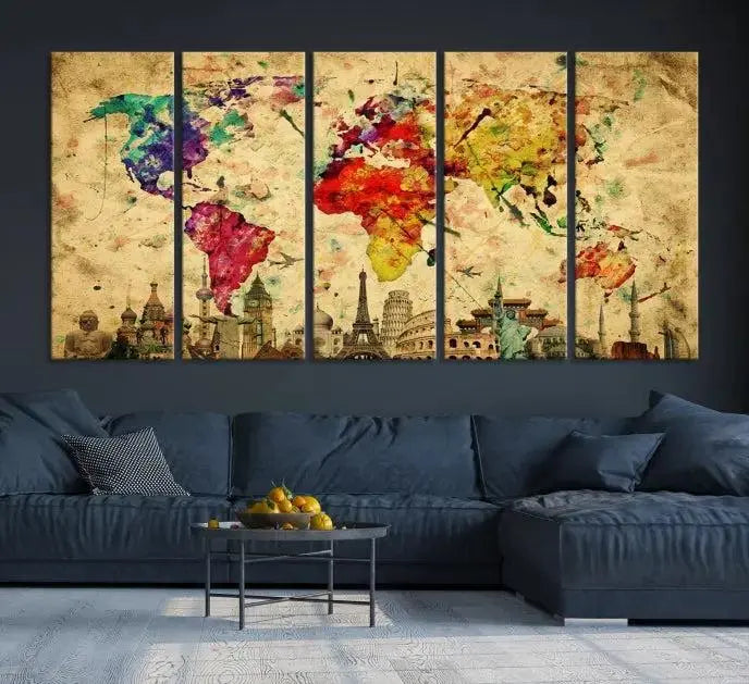 The Colorful World Map Wall Art Canvas Print, crafted on museum-quality canvas with a UV-protective coating, adorns the wall.