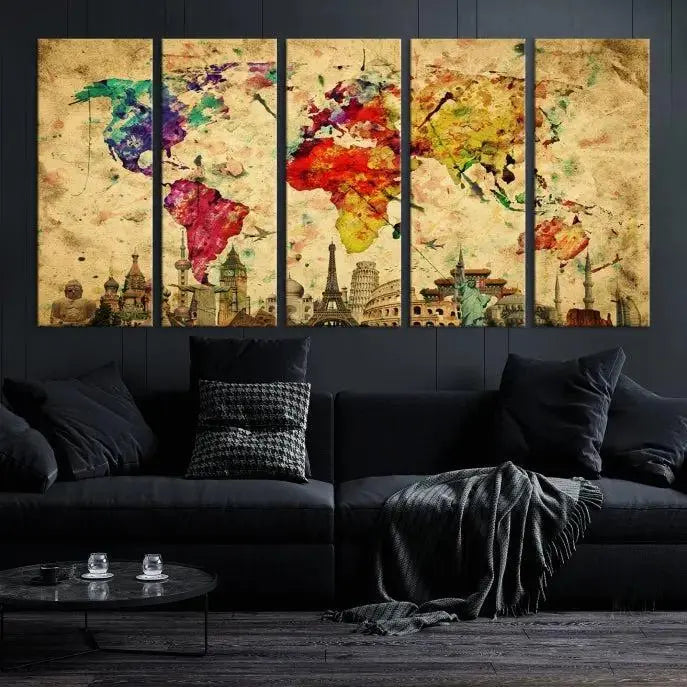 The Colorful World Map Wall Art Canvas Print, crafted on museum-quality canvas with a UV-protective coating, adorns the wall.