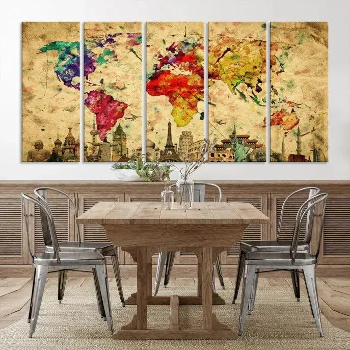 The Colorful World Map Wall Art Canvas Print, crafted on museum-quality canvas with a UV-protective coating, adorns the wall.