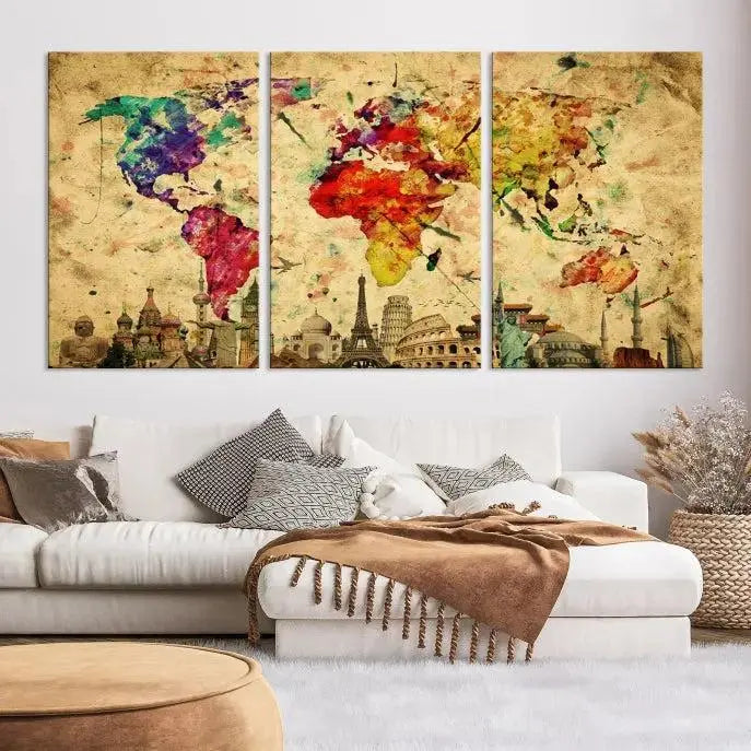 The Colorful World Map Wall Art Canvas Print, crafted on museum-quality canvas with a UV-protective coating, adorns the wall.