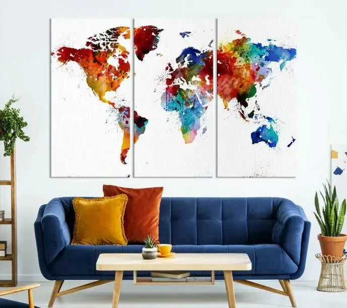 Colorful World Map Watercolor Wall Art Canvas Print