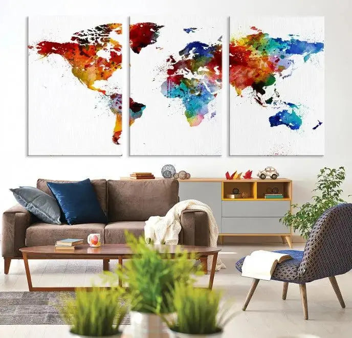 Colorful World Map Watercolor Wall Art Canvas Print