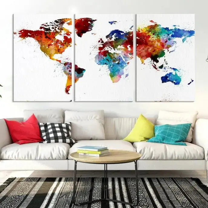 Colorful World Map Watercolor Wall Art Canvas Print
