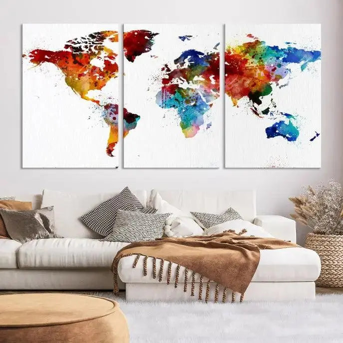 Colorful World Map Watercolor Wall Art Canvas Print
