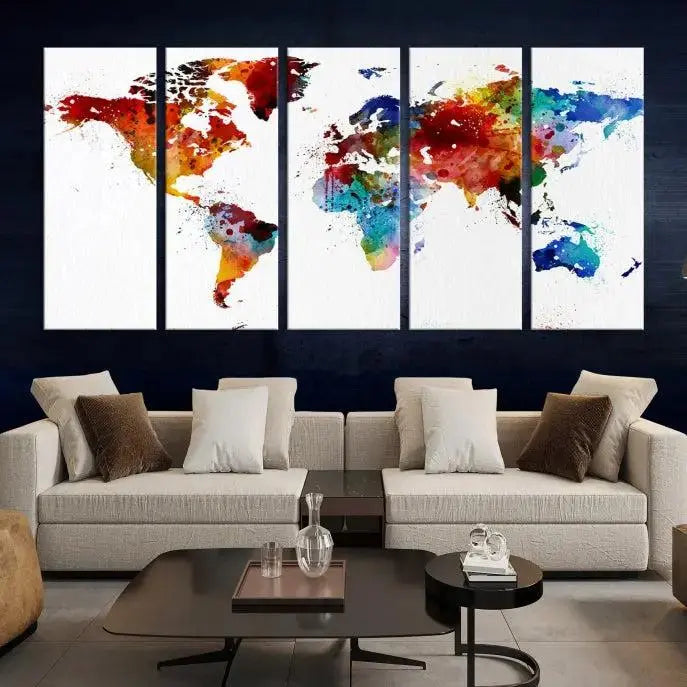 Colorful World Map Watercolor Wall Art Canvas Print 