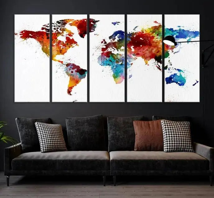 Colorful World Map Watercolor Wall Art Canvas Print 