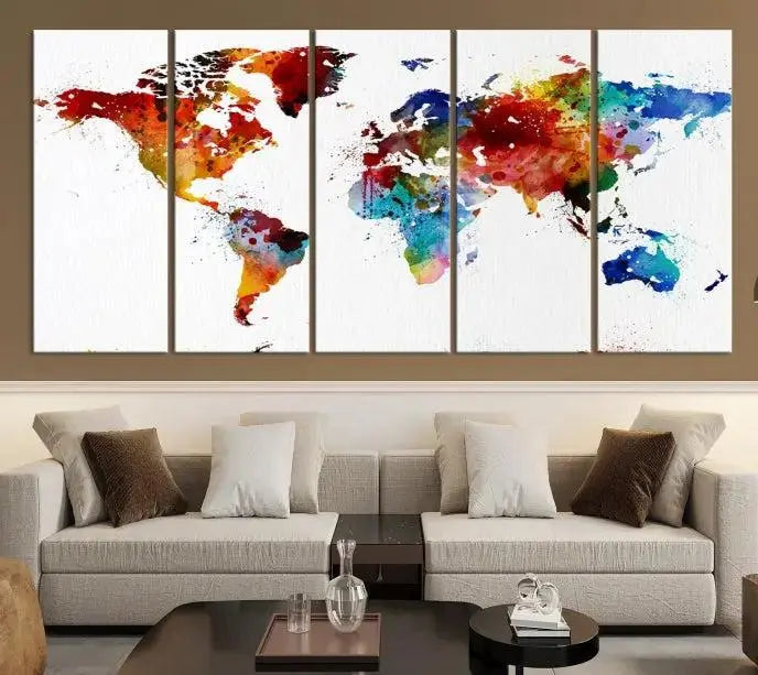 Colorful World Map Watercolor Wall Art Canvas Print 