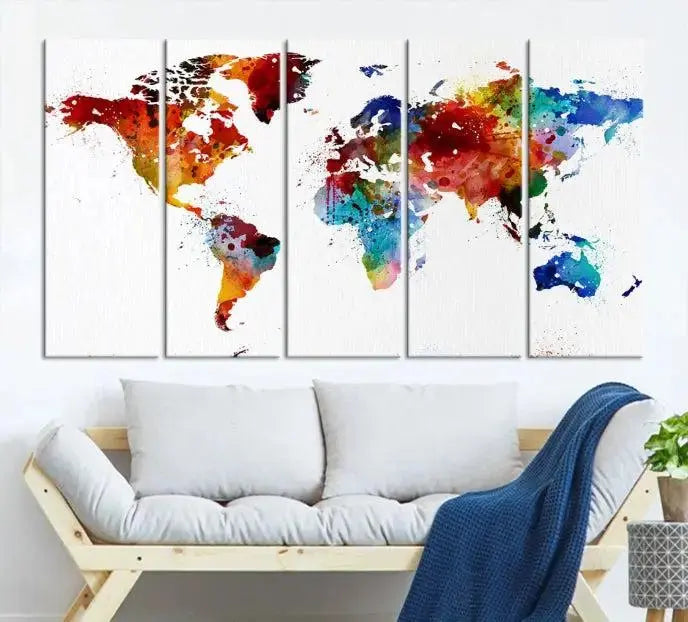 Colorful World Map Watercolor Wall Art Canvas Print 