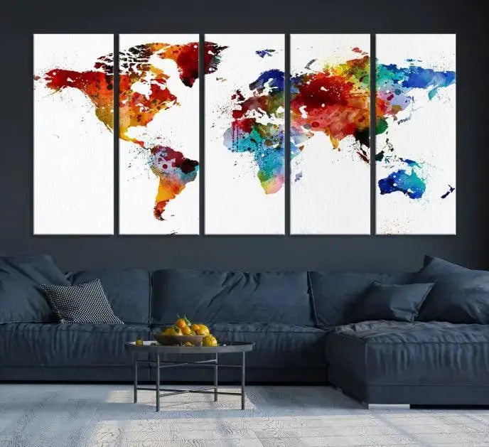 Colorful World Map Watercolor Wall Art Canvas Print 
