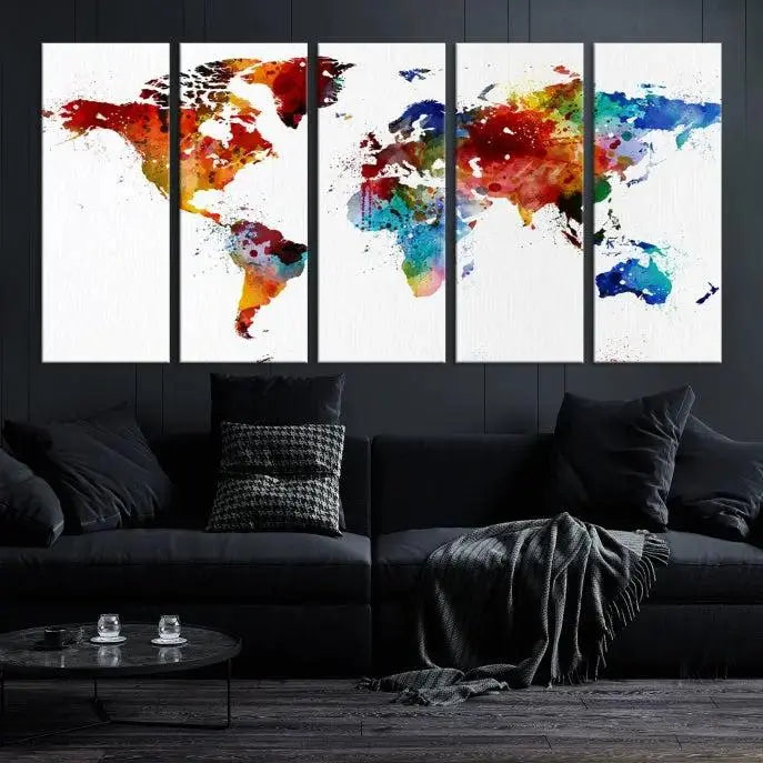 Colorful World Map Watercolor Wall Art Canvas Print