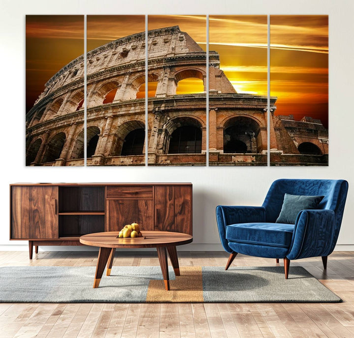 Colosseum with Yellow Sunset Behind Canvas Wall Art, Italy