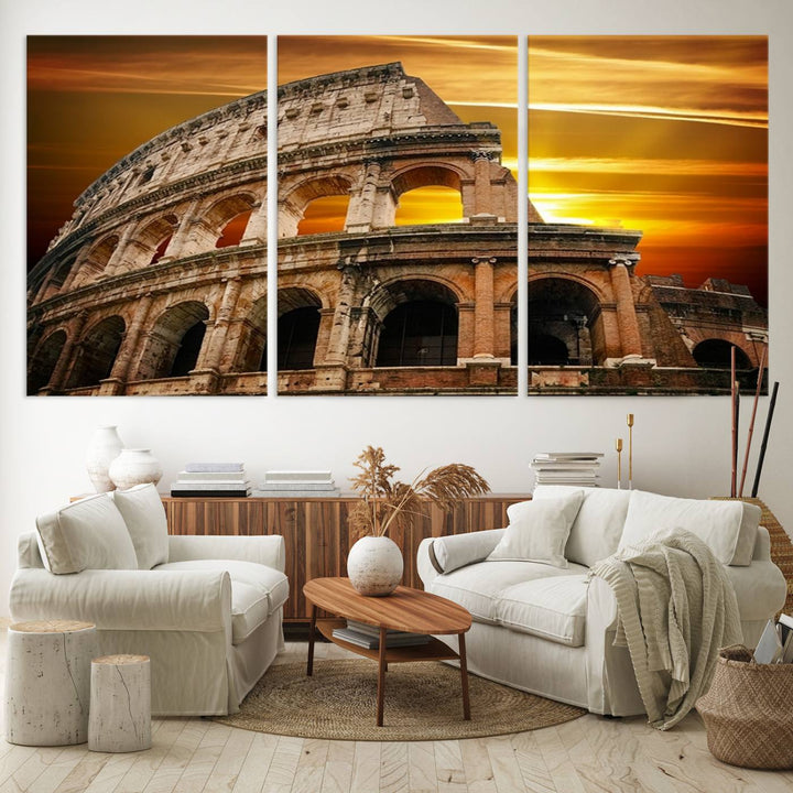 Colosseum with Yellow Sunset Behind Canvas Wall Art, Italy