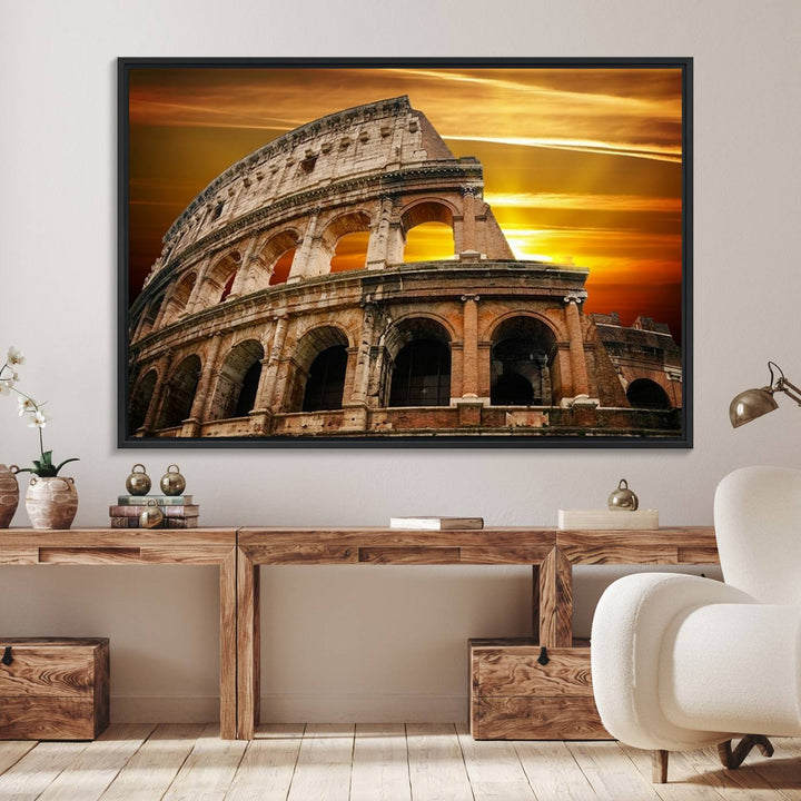 Colosseum with Yellow Sunset Behind Canvas Wall Art, Italy