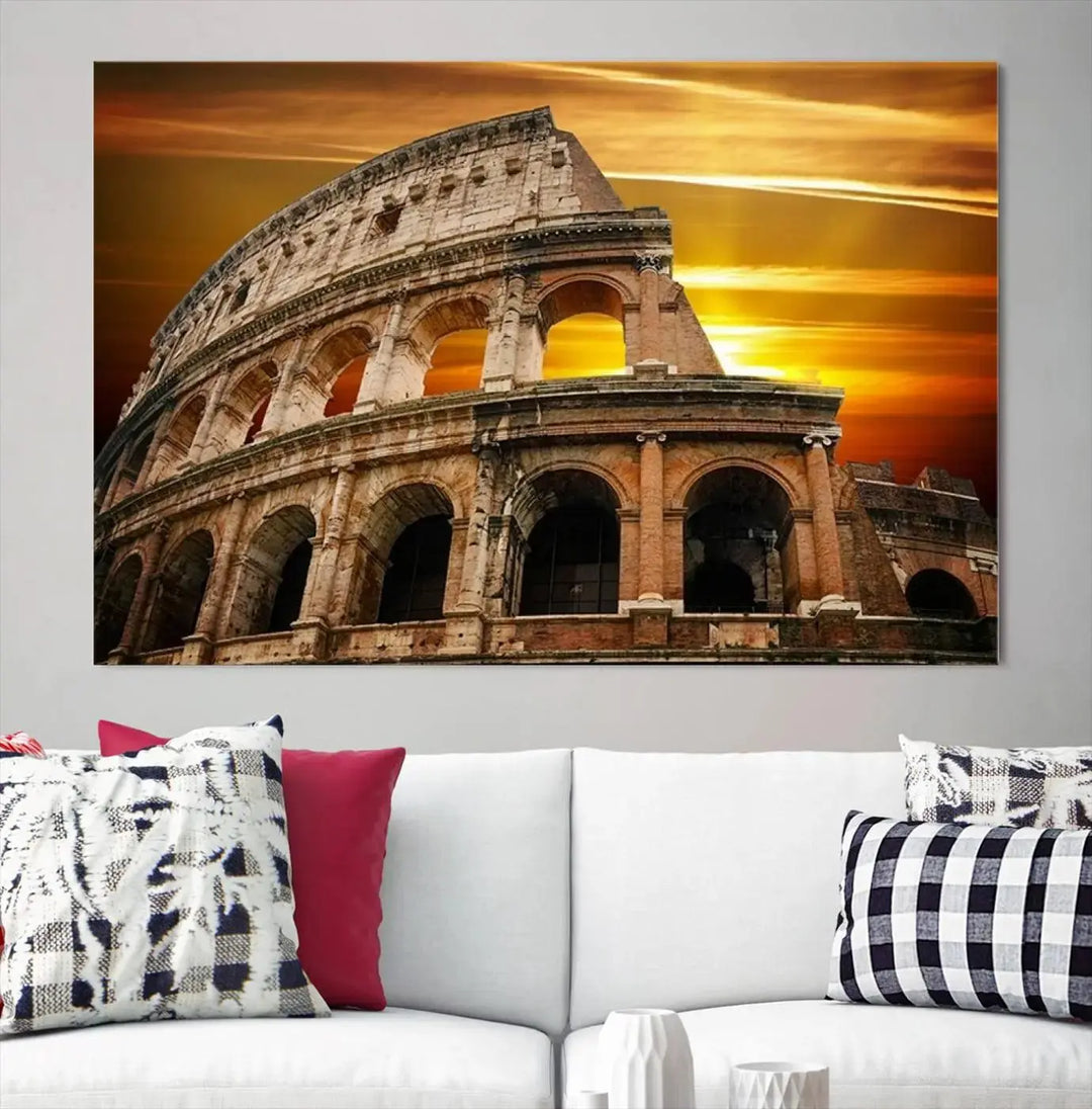 A three-panel canvas titled "Colosseum with Yellow Sunset Behind, Italy," protected with a UV-coating, is elegantly displayed.